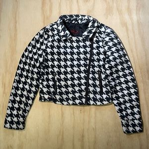 Houndstooth Fleece Moto Jacket Zipper Black White Pattern Cropped with Pockets